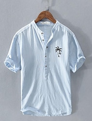 Męskie Koszula lniana koszula Koszula z lnu bawełnianego Koszula Popover Codzienna koszula Biały Granatowy Jasnoniebieski Krótki rękaw Drzewo kokosowe Stójka Lato Ulica Hawajskie Odzież