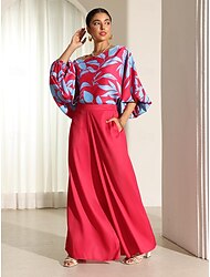 Mujer Camisa Blusa Conjuntos de pantalones Floral Estampado Vacaciones Elegante Obispo Manga Larga Un Hombro Fucsia Verano Primavera
