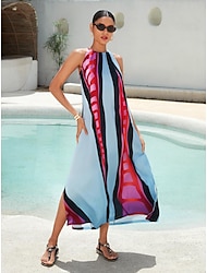 Γυναικεία Φόρεμα με λαιμόκοψη Σατέν Μάξι Μακρύ φόρεμα Ουράνιο Τόξο Αμάνικο Χρώμα αντίθεσης Μπλοκ χρωμάτων Καλοκαίρι Λαιμός Διακοπές XS Τ M
