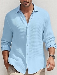 Voor heren Overhemd Overhemd met knopen Normaal shirt Zomer overhemd Wafel Shirt Zwart Wit blauw khaki Lange mouw Effen Revers Dagelijks Vakantie Kleding Modieus Casual Comfortabel