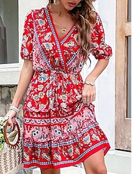 Damen Casual kleid A Linie Kleid Blumen Bedruckt V Ausschnitt Minikleid Stilvoll Ethnisch Täglich Verabredung Kurzarm Sommer