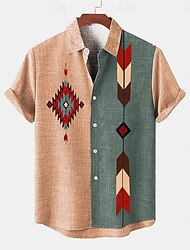 Hombre Camisa camisa de lino camisas retras camisa de la vendimia Camisa étnica Tribal Diario Rosa Azul Piscina Color Caquí Manga Corta Cuello Vuelto Verano Primavera Ropa