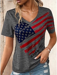 Dames T-shirt Vlag USA Dagelijks Independence Day Stijlvol Korte mouw V-hals Donkergrijs Zomer