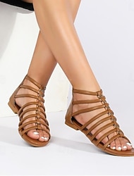 braune Gladiatorsandalen für Damen – flache Riemchensandalen mit offenem Zehenbereich für lässigen Strand- und Urlaubslook