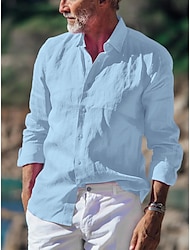Herren Hemd leinenhemd Knopfhemd Sommerhemd Strandhemd Blau Langarm Glatt Kragen Frühling Sommer Casual Täglich Bekleidung