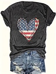 女性用 Tシャツ コットン ハート アメリカの国旗 プリント 日常 週末 ファッション 半袖 ラウンドネック ブラック 夏