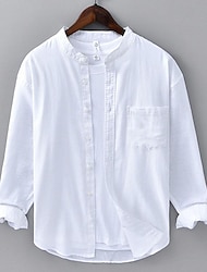 Męskie Koszula lniana koszula Codzienna koszula Bawełniana koszulka Biały Niebieski Beżowy Długi rękaw Równina Stójka Wiosna i jesień Hawajskie Święto Odzież Przycisk w dół