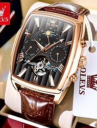 OLEVS Men Mechanical Watch Fashion Casual Wristwatch Automatic Self-winding Moon phase Luminous Calendar Leather Watch