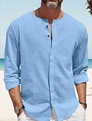 Per uomo Camicia camicia di lino Camicia estiva Camicia da spiaggia Nero Bianco Blu Manica lunga Tinta unica Girocollo Strada Giornaliero Abbigliamento Girocollo