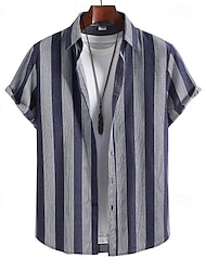 Herr Skjorta Knapp upp skjorta Casual skjorta Sommarskjorta Strandskjorta Marinblå Kortärmad Rand Nedvikt Hawaiisk Helgdag Kläder Mode Ledigt Bekväm