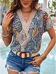 Women's Tunic Graphic Contrast Lace Daily Vacation Daily Stylish Cap Sleeve Short Sleeve V Neck Blue Summer Spring