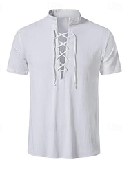 Homens Camisa Social Camisa de linho de algodão Camisa de algodão Preto Branco cáqui Manga Curta Tecido Faixa Verão Rua Havaiana Roupa Cordões