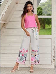 Mulheres Conjuntos de calças Floral Sem Manga Rosa Verão Primavera