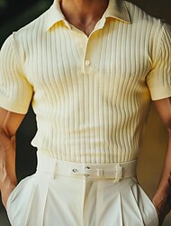 男性用 ポロシャツ ゴルフシャツ ワーク カジュアル リブ付きポロカラー クラシック 半袖 ベーシック 近代の 純色 縞柄 ボタン リブ 春夏 レギュラー ライトイエロー ホワイト ライトブルー ポロシャツ