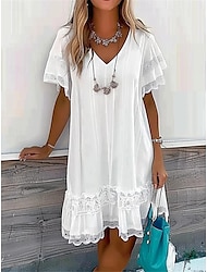 Women's White Dress Mini Dress Lace Patchwork Vacation Casual V Neck Short Sleeve White Color
