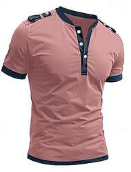 男性用 ヘンリーシャツ 半袖シャツ ティートップ パッチワーク ヘンリー アウトドア ストリート ボタン 衣類 ファッション 日常