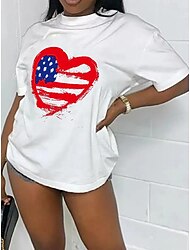 Mulheres Camiseta Coração EUA Imprimir Férias Dia da Independência Casual Manga Curta Decote Redondo Preto Verão