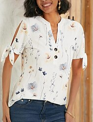 Mulheres Camiseta Floral Gráfico Feriado Final de semana Botão Com Corte Imprimir Branco Manga Curta Básico Decote V