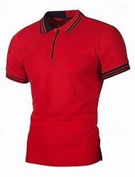 Men's Golf Shirt Golf Polo Work Casual Lapel Short Sleeve Basic Modern Stripes Patchwork Button Spring & Summer Regular Fit White Red Navy Blue Light Grey Golf Shirt