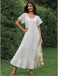 Women's White Dress Maxi Dress Lace Elegant Crew Neck White Color