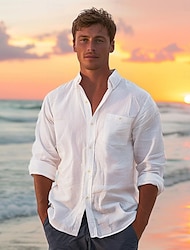 Męskie Koszula lniana koszula Zapinana na guziki koszula Koszula plażowa Biały Długi rękaw Równina Klapa Wiosna i jesień Codzienny Urlop Odzież