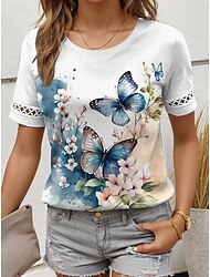 女性用 Tシャツ フラワー バタフライ レース プリント 日常 半袖 クルーネック ホワイト 夏