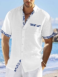 בגדי ריקוד גברים חולצה חולצת פשתן חולצת קיץ חולצת חוף לבן ורוד מסמיק כחול נייבי שרוולים קצרים פרחוני דש קיץ קזו'אל יומי ביגוד