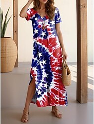 damska flaga w kształcie litery V, dekolt w kształcie litery V, nadruk z flagą amerykańską, sukienka maxi z krótkim rękawem, lato