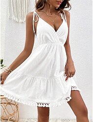 Women's White Dress Mini Dress Tassel Fringe Backless Vacation Beach Streetwear Basic Spaghetti Strap Sleeveless White Color