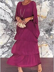 abito da donna in chiffon con stampa floreale a balze, scollo rotondo, maxi abito elegante da sposa, festa, manica a 3/4, estivo
