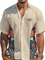 Tribal Ethnic Hawaiian Casual Resort Men's Linen Shirt Outdoor Street Casual Summer Spring Turndown Short Sleeves Khaki S, M, L 18.6% Linen 63.2% Polyester 18.2% Cellulose Fiber Shirt