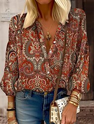 Women's Shirt Blouse Paisley Casual Button Print Pink Long Sleeve Fashion Standing Collar Spring &  Fall