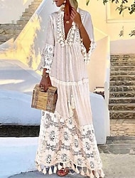 Damen Weißes Kleid kleid lang Spitze Patchwork Verabredung Urlaub Böhmen Maxi V Ausschnitt Langarm Gelb Burgunderrot Blau Farbe