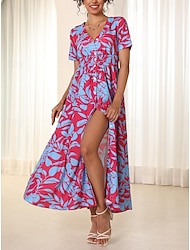 Women's Floral V Neck Maxi Dress Short Sleeve Summer