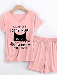 Γυναικεία Μπλουζάκι Σετ Σορτς Γάτα Στάμπα Καθημερινά Μοντέρνα Κοντομάνικο Λαιμόκοψη V Ανθισμένο Ροζ Καλοκαίρι