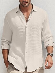 Férfi Ing Nyári póló Gombos póló Alkalmi ing Gofri ing Fekete Fehér Medence khakizöld Hosszú ujj Sima Hajtóka Napi Vakáció Ruházat Divat Alkalmi Kényelmes