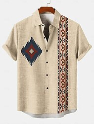 Hombre Camisa camisa de lino camisas retras camisa de la vendimia Camisa étnica Diario Azul Piscina Color Caquí Manga Corta Cuello Vuelto Verano Primavera Ropa