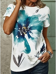 Damen T-Shirt stylisch lässig Print Kurzarm normale Oberteile Rundhalsausschnitt Alltag weiß rot grün Sommer
