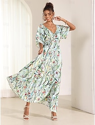 Dames Halflange jurk Swingjurk A lijn jurk Zomerjurk Elegant Bohemen Tropisch Flutter mouw Vakantie Dagelijks Afspraakje Ruim Passend Bloemig Korte mouw V-hals blauw Groen Zomer