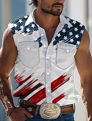 Hombre América / EE.UU. Bandera Camisa camisa occidental Camisa vaquera Sin Mangas estilo occidental Exterior Trabajo Casual Verano Primavera Cuello Camisero Blanco