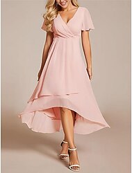 Damen Chiffon-Kleid Maxidress Chiffon Rüsche Arbeit Cocktailparty Elegant Ausgefallene V Ausschnitt Kurzarm Schwarz Weiß Rosa Farbe