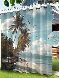 Waterproof Outdoor Curtain Privacy, Sliding Patio Curtain Drapes, Pergola Curtains Grommet Beach Palm Trees Landscape For Gazebo, Balcony, Porch, Party, 1 Panel