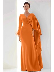 Corte Trompeta / Sirena Hasta el Suelo Vestido de gala con capa Vestidos de noche Vestimenta formal Elegante Manga Larga Escote en Pico Formal Otoño Gasa con Pluma Fruncido Volantes