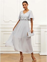 Dames A lijn jurk Polyester Kant Ruche V-hals Volant mouw Korte mouw Maxi-jurk Bruiloft gast Cocktailparty Elegant Formeel Grijs Zomer