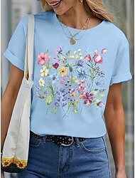 dames t-shirt basic casual bloemenprint korte mouw normaal tops ronde hals dagelijks zwart wit blauw paars zomer