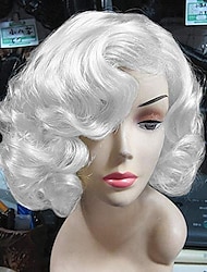 Short Curly White Wig for Women Synthetic Natural Wavy Costume Wig for Cosplay Party Halloween Wigs