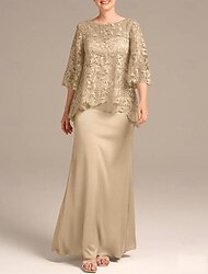 Vestido Sheath Mãe da Noiva Vestido Convidada Casamento Elegante Pescoço Redondo Comprimento do Chão Renda Cetim Manga Curta com Bordado tamanho personalizado grátis