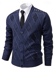 Men's Cardigan Sweater Cropped  Sweater Knit Sweater Mens Dress Sweaters Ribbed Knit Regular Button Up Side Pockets Argyle V Neck Fashion Classic Daily Wear Date Clothing Apparel Fall & Winter Navy