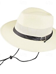 男性用 麦わら帽 日よけ帽 ワイルドブリムハット カーキ色 ベージュ リネン メッシュ ファッション カジュアル ストリート 日常 純色 調整可能 サンスクリーン 高通気性