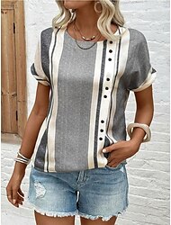 Dames Blouse Chic Gestreept Patroon met Knopen Versieringen V-hals Korte Mouw Zomer Lente Casual Dagelijks Linnenachtig Draagbaar Reguliere Pasvorm Grijs Zwart Off-white